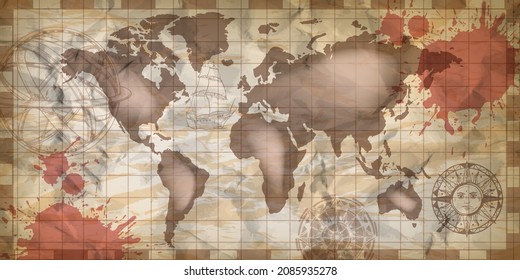 Mapa antiguo del mundo, fondo cartográfico vintage vintage de la señal de la rosa del viento, silueta continental. Geografía de pergamino pirata retro textura de rayado de reserva, salpicadura de tinta, símbolo de grabado. Mapa mundial