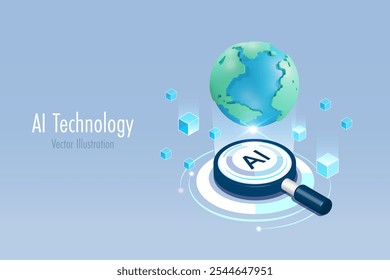 World on AI magnifying glass with block chain security system. Powerful search engine innovation technology to defines worldwide smart solution, futuristic background. 3D vector.