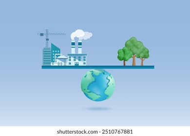 World on balance bar between industrial buildings and forest. Carbon emissions reduction for sustainable environment. Ecology, save the planet with net zero emission target goal. 