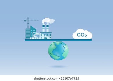 Mundo em barra de equilíbrio entre edifícios industriais e nuvem de emissão de carbono Co2. Redução das emissões de carbono para um ambiente sustentável. Ecologia, salve o planeta com objetivo de emissões líquidas zero. 