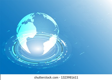 The world on the gear with map on blue background and lighting designed in a isometric style for technology business background.