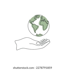 World on hand drawn in one continuous line with color spot. One line drawing, minimalism. Vector illustration.