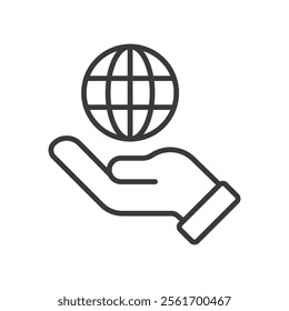 World on a hand, icon in line design. World, hand, globe, earth, support, care, responsibility on white background vector. World on a hand editable stroke icon