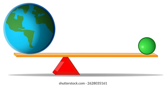 O mundo está na alavanca, alavancagem. Equilíbrio. Terra, esfera verde. Mesma distância ao ponto de apoio. Equilíbrio da alavanca. Modelo de pergunta de física. Ilustração vetorial