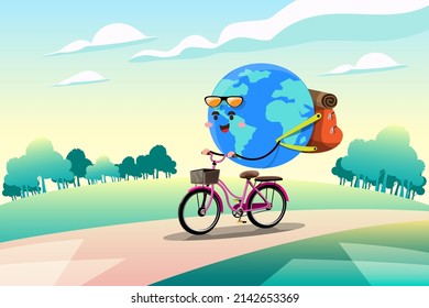 World on long vacation plans to go camping on a bike ride through the forest to appreciate nature. Flat vector illustration design