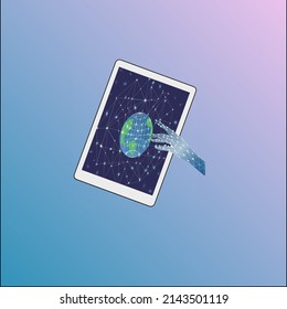 the world on the phone with the hand touch, social network concept, vector illustration