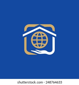 World in one hand Vector sign Branding Identity Corporate logo design template Isolated on a blue background