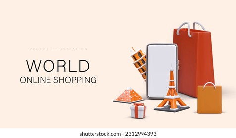 Compras en línea en el mundo. Publicidad de la aplicación telefónica para elegir el tour. Viaje de compras a diferentes países. Regalos y recuerdos. Ilustración 3D, lugar para lema. Concepto de vector