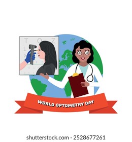 World optometry day. Earth and doctor with optometry eye test poster