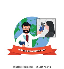 Dia mundial da optometria. Terra e médico com poster de teste ocular optométrico