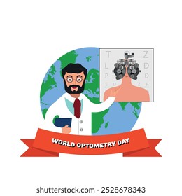 World optometry day. Earth and doctor with optometry eye test poster