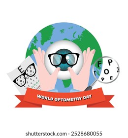 World optometry day. Earth and hand holding eye slime with optometry stuff