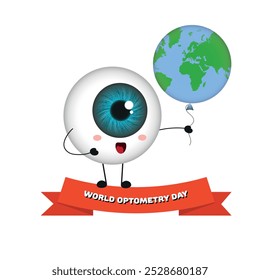 World optometry day. Eye smile holding earth balloon 