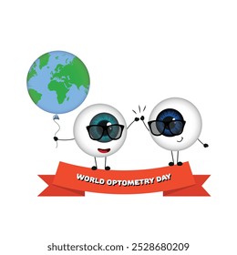 Día Mundial de la Optometría. Sonrisa del ojo que sostiene el globo de tierra a sus cinco con la otra sonrisa del ojo