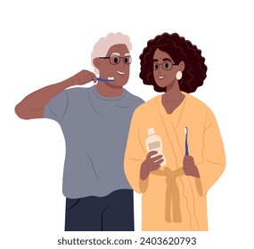 World oral health day. African man, woman taking care of oral health or brushing teeth. An elderly couple brushes their teeth with a toothbrush.