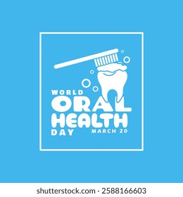 World Oral Health Day to celebrate on March 20th. Illustration of a tooth being cleaned with a toothbrush and bold text in frame on sky blue background. Health event banner.