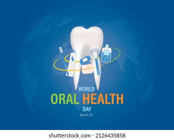 World Oral Health Day is celebrated on March 20 every year.toothbrush, toothpaste, floss, mouthwash and tongue cleaner icons.