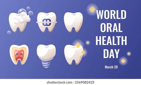 World Oral Health Day, celebrated on March 20. Suitable for celebrating world oral health day, dentist day. Vector illustration for dental design, suitable for advertising on social media or the web.