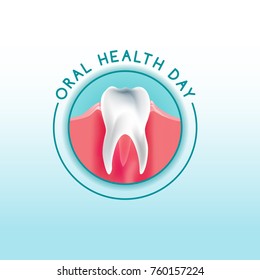 World oral health day logotype idea with healthy tooth image. Medical, dental and healthcare creative concept. Vector illustration in light blue, pink and white colors.