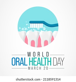 El Día Mundial de la Salud Oral se celebra anualmente el 20 de marzo, una campaña de un año de duración dedicada a aumentar la conciencia mundial sobre los problemas relacionados con la salud oral y la importancia de la higiene bucal. Arte vectorial