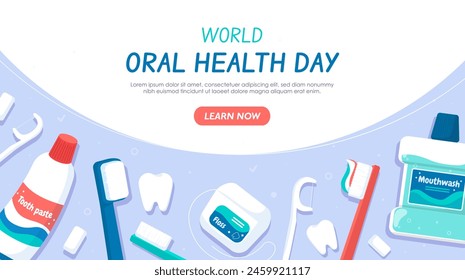World oral health day poster. Cleanliness and hygiene. Dentists equipment for stomatology and dentistry. International holiday and festival. Landing webpage design. Cartoon flat vector illustration