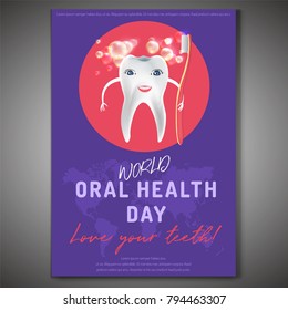 World oral health day poster idea with healthy smiling tooth image. Medical, dental and healthcare creative concept. Vector illustration in modern style with beautiful lettering.