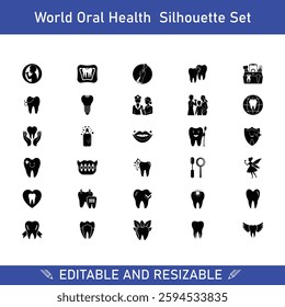 World Oral Health Silhouette Icons Dental Care, Teeth, Hygiene Set