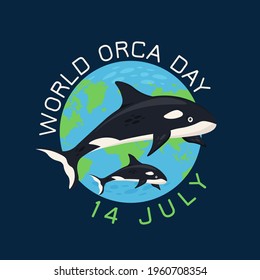 World orca day. Killer whale. Sea animals. Toothed whale belonging to the oceanic dolphin family. Save the ocean concept. Editable vector illustration in dark colors. Colorful cartoon flat style.