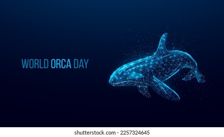 World orca day. Wireframe glowing low poly Orca whale. Design on dark blue background. Abstract futuristic vector illustration.    