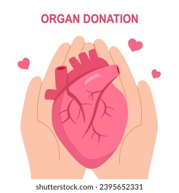 Día mundial de donación de órganos con corazón humano para trasplante, salvando vidas en diseño plano sobre fondo blanco.