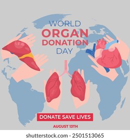 World Organ Donation Day for liver, heart, kidneys, Eyes, lungs, and stomach Transplantation, World Organ Donation Day is on the 13th of August. Vector template Design.