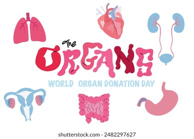 World Organ Donation Day social media post template. Organ donation day illustration. Saving Lives and Health Care. Flat vector organs and silhouette of a doctor surgeon in a medical cap and mask