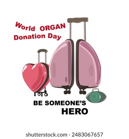 World Organ Donation Day social media post template. Organ donation day illustration. Saving Lives and Health Care. Flat vector organs in the form of travel bags. Vector heart, lungs and eye.