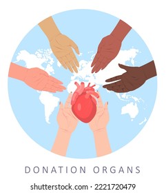 World organ donation day vector poster. Human hand offering heart to spreading arms over earth map flat design. Transplantation and surgery concept. Saving lives and health care Illustration