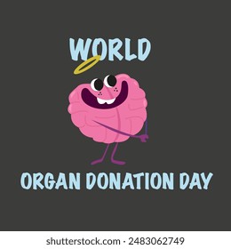Día Mundial de la Donación de Órganos Ilustración vectorial. Salvar vidas y atención de salud. Órganos de Vector plano, corazón, intestinos, cerebro e inscripción. Manos humanas sosteniendo un corazón donante