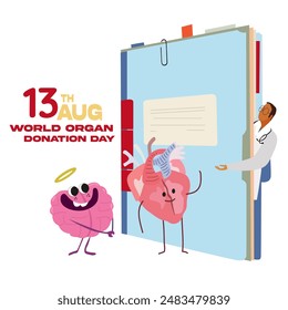 World Organ donation day vector illustration. Saving Lives. Flat vector brain and heart are in line at the doctor for donation. Blue medical folder, silhouette of doctor and internal organs