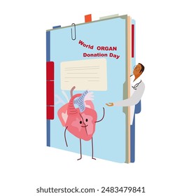 World Organ donation day vector illustration. Saving Lives. Flat vector brain and heart are in line at the doctor for donation. Blue medical folder, silhouette of doctor and internal organs