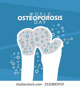 El Día Mundial de la Osteoporosis se celebra el 20 de octubre. Ilustración de un hueso quebradizo con texto en negrita sobre fondo azul claro. Anuncio de salud del evento.