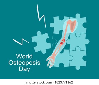 World Osteoporosis Day concept.Arthrosis human hand.Elbow joint disease and pain.Fragile and broken wrist bones falls apart by puzzles.Movement disability and rheumatism.Vitamin D calcium deficiency