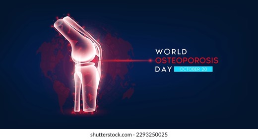 World Osteoporosis Day. Human bone anatomy translucent low poly triangles. Unhealthy bone joint on dark blue background. Poster or banner for website. Medical concept. Vector EPS10.