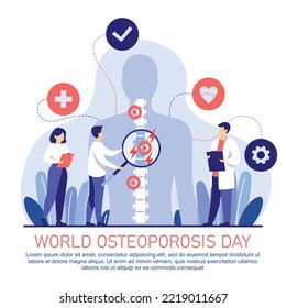 World Osteoporosis Day with Spine Bones, Human Silhouette, Doctor, Magnifying Glass, and Medicines Flat Design