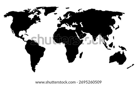 World Outlines. A minimalist world map with black continents on a white background. The simplicity of the form emphasizes the universality and interconnectedness of all continents. Vector
