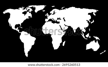 World Outlines. A minimalist world map with white continents on a black background. The simplicity of the form emphasizes the universality and interconnectedness of all continents. Vector