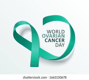 World ovarian cancer day - isolated banner with satin teal ribbon loop with text on white background. Global illness awareness and support campaign poster - vector illustration.