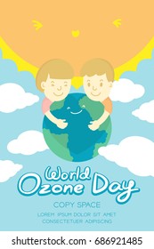 World Ozone Day 16 September vertical Banner set, Global warming concept kids hug protection smile earth, sun, sky and cloud illustration isolated on blue background, with copy space