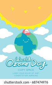 World Ozone Day 16 September vertical Banner set, Global warming concept smile earth with cap protection, sun, sky and cloud illustration isolated on blue background, with copy space