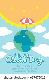 World Ozone Day 16 September vertical Banner set, Global warming concept smile earth with umbrella beach protection, sun, sky and cloud illustration isolated on blue background, with copy space