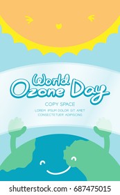 World Ozone Day 16 September vertical Banner set, Global warming concept smile earth with hand hold ozone layer and sun illustration isolated on blue background, with copy space