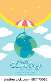World Ozone Day 16 September vertical Banner set, Global warming concept smile earth with umbrella protection, sun, sky and cloud illustration isolated on blue background, with copy space