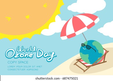 World Ozone Day 16 September horizon Banner set, Global warming concept smile earth with sunglasses, umbrella, chair, beach, sun, sky and cloud illustration isolated, with copy space